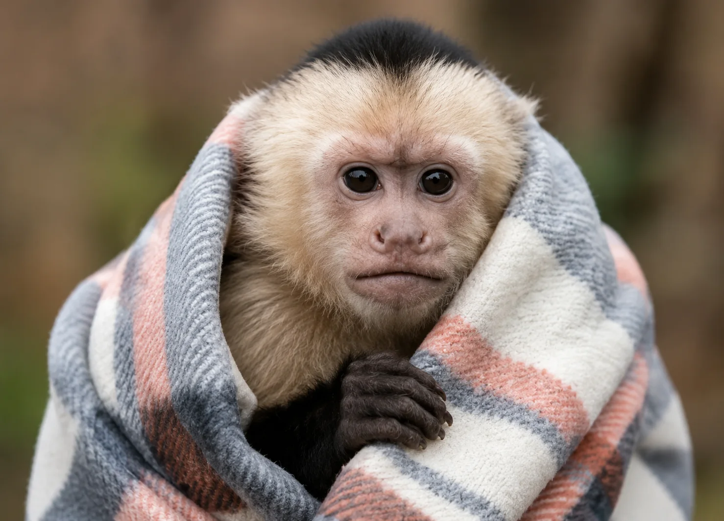 Capuchin monkey wrapped in a blanket