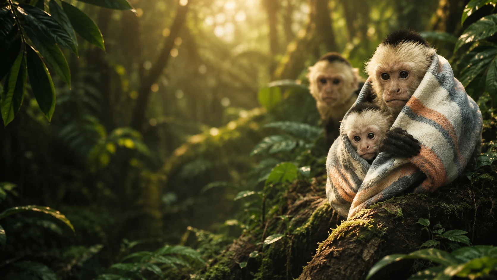 Capuchin family wrapped in a blanket in a tropical jungle setting