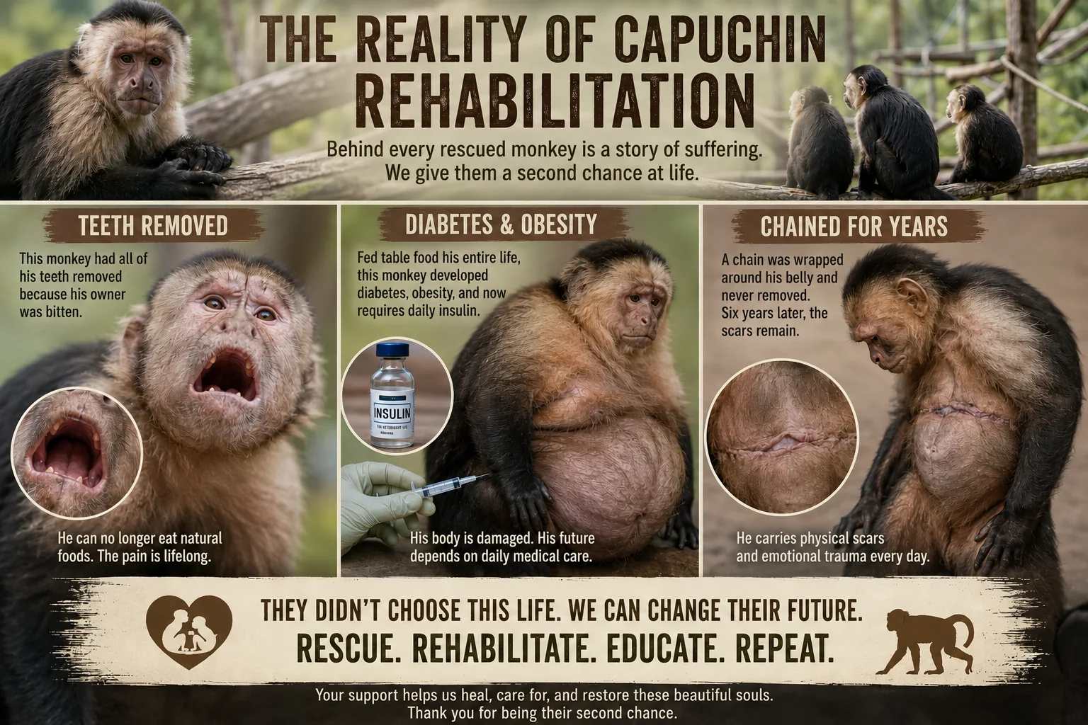 The reality of capuchin rehabilitation educational graphic