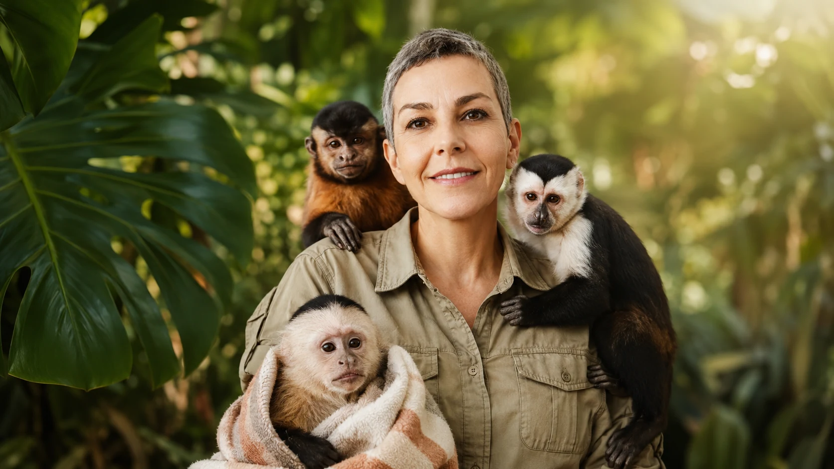 Sanctuary-style portrait of a caretaker with rescued capuchins